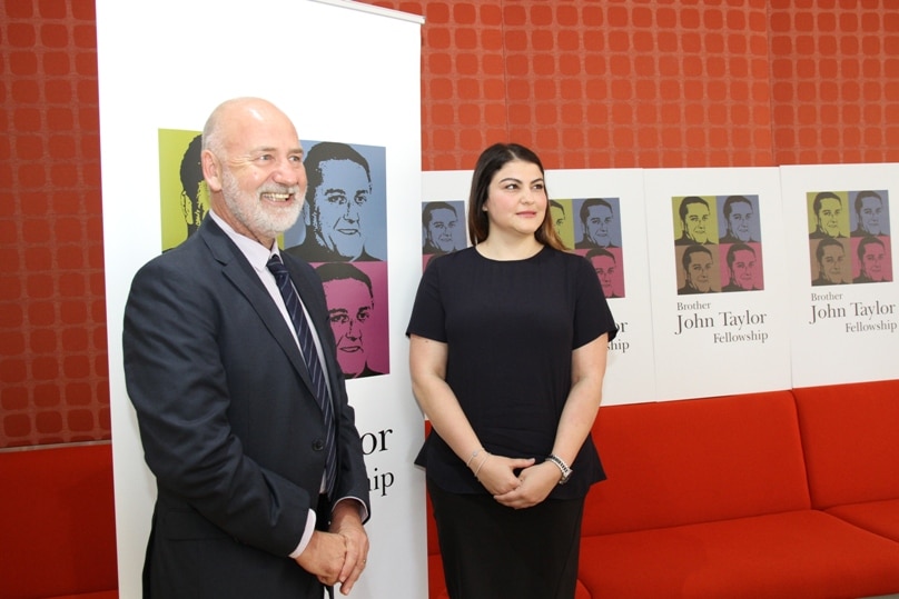 Inaugural fellowship recipient Mark Gronow with 2016 winner Zeina Chalich at the fellowship presentation in November 2015. 