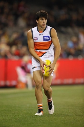 Matthew Kennedy celebrates his first league goal during round 13 against Essendon. Photo: Michael Willson/AFL Media