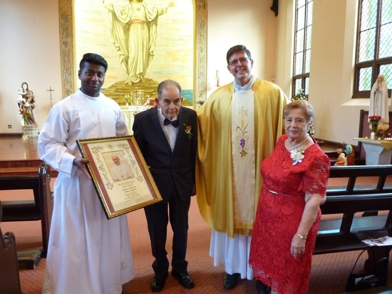 Dominic and Frances Attard with papal blessing after celebrating the 60th anniversary of their wedding at Sacred Heart, Darlinghurst.