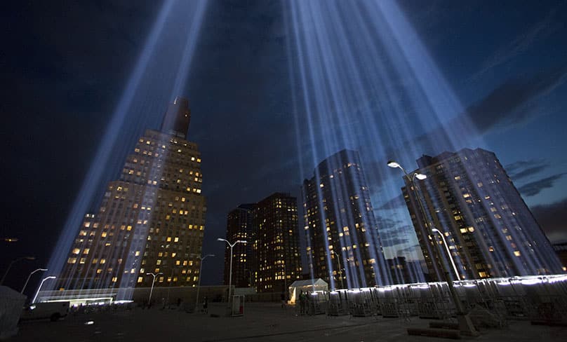 The “Tribute in Light” is seen on the eve of the anniversary of the 9/11 attacks on the World Trade Center in New York. Photo: CNS photo/Andrew Kelly, Reuters