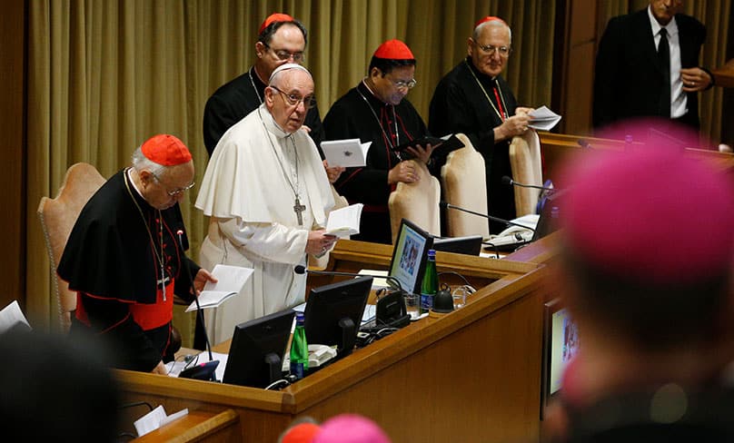 Pope Francis attends a session of the Synod of Bishops on young people, the faith and vocational discernment at the Vatican. Photo: CNS photo/Paul Haring
