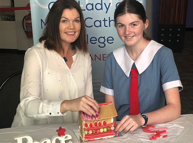 OLMC year 7 student Georgia Shelly making a gingerbread house with mum Sharon.