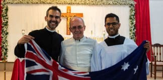 Deacon Chris De Sousa CRS with the then Fr Franco Moscone CRS and Brother Sheldon Burke CRS at the Somascan run parish of St Jerome's in Perth, Western Australia. Photo: Josh Low/Supplied by Deacon Chris De Sousa CRS