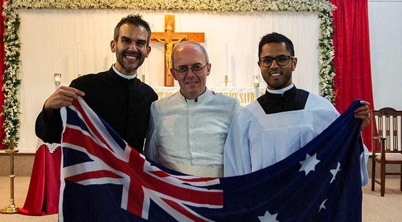 Deacon Chris De Sousa CRS and Brother Sheldon Burke CRS with the then Fr Franco Moscone CRS at the Somascan run parish of St Jerome's in Perth, Western Australia. Photo: Josh Low/Supplied by Deacon Chris De Sousa CRS