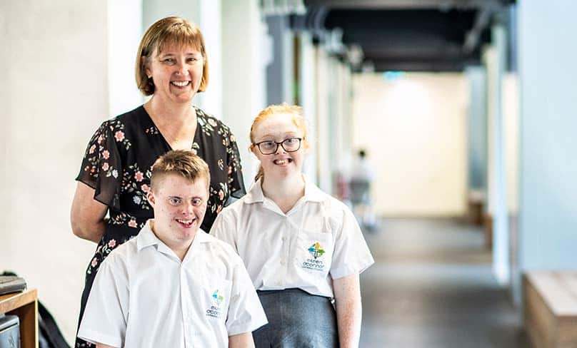 Principal Gail Story with Jackson and Sophie. Photo: Alphonsus Fok