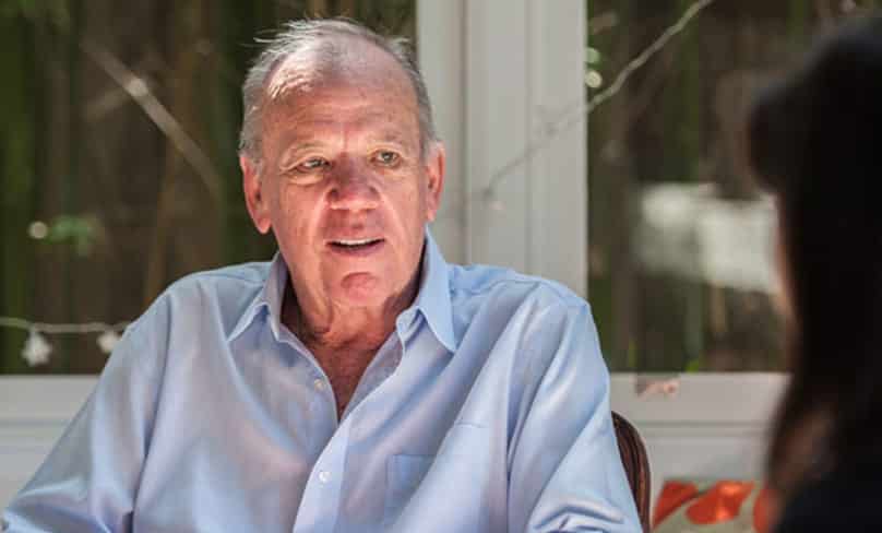 Mike Willesee is interviewed by The Catholic Weekly journalist Catherine Sheehan in 2017. PHOTO: Giovanni Portelli