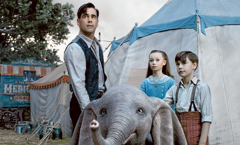 An abnormality can be a gift: Colin Farrell, Nico Parker and Finley Hobbins star beside their flying friend in Dumbo. Photo: CNS photo/Disney