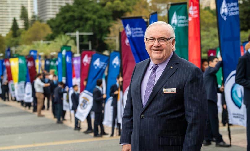 Dr Dan White received a guard of honour outside St Mary’s Cathedral before the Thanksgiving Mass for his 10 years of service as head of Sydney Catholic Schools. PHOTO: Kitty Beale