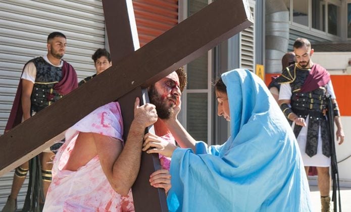 Jesus (Anthoyn Eltarraf) meets his mother Mary (Aurora Doueihy) at the Fourth Station. Photo: Mathew De Sousa