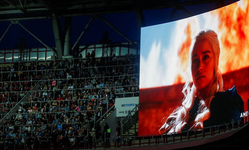 People in Moscow prepare to watch the final episode of Game of Thrones at RZD Arena. Photo: CNS photo/Maxim Shemetov, Reuters