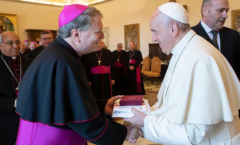 Pope Francis greets Archbishop Anthony Fisher of Sydney during a meeting with Australian bishops on their "ad limina" visits to the Vatican June 24, 2019. Photo: CNS photo/Vatican Media