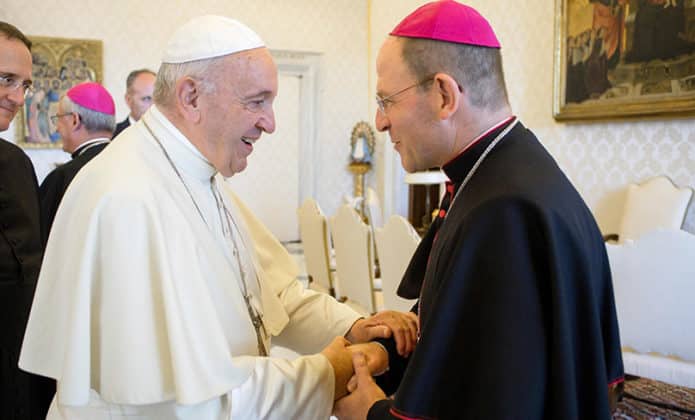 Pope Francis greets Bishop Tony Randazzo of Sydney. Photo: CNS photo/Vatican Media