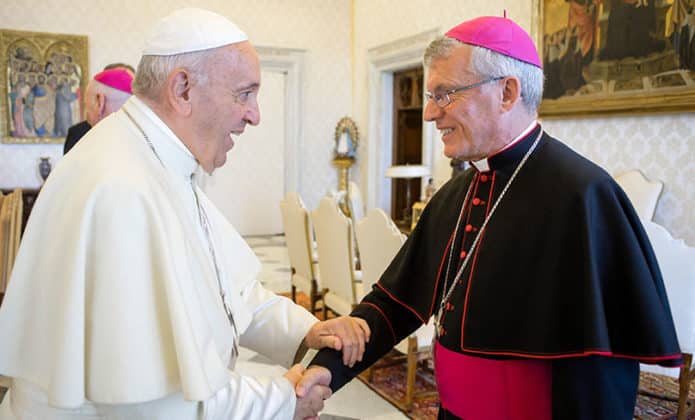 Pope Francis greets Archbishop Timothy Costelloe of Perth. Photo: CNS photo/Vatican Media
