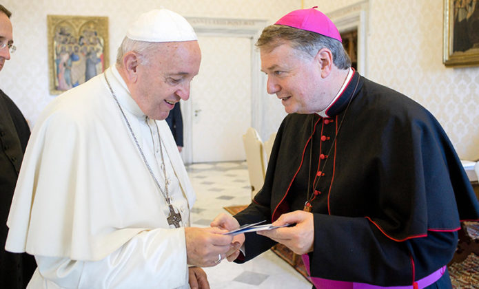 Pope Francis greets Archbishop Anthony Fisher of Sydney. Photo: CNS photo/Vatican Media