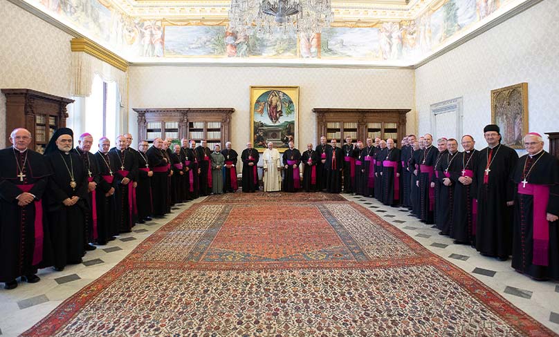 Pope Francis poses for a photo with Australian bishops during their "ad limina" visits to the Vatican June 24, 2019. Photo: CNS photo/Vatican Media