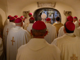 Australian bishops concelebrate Mass in the crypt of St. Peter's Basilica. Photo: CNS photo/Paul Haring