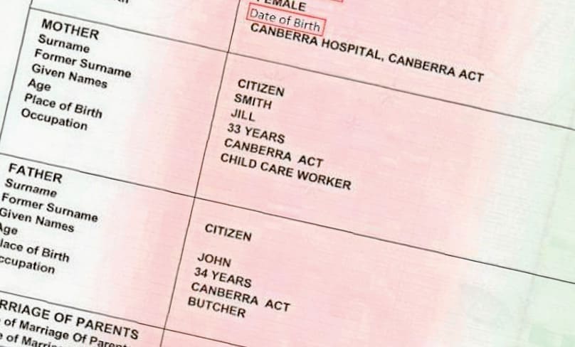 An Australian Capital Territory birth certificate. Photo: Wikimedia Commons/Commonwealth of Australia, CC BY 3.0 AU
