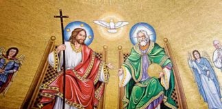 This mosaic depicts the Trinity in traditional terms. Interestingly, the Holy Spirit is portrayed not as a male person but as a dove. Photo: CNS/Tyler Orsburn