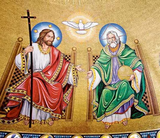 This mosaic depicts the Trinity in traditional terms. Interestingly, the Holy Spirit is portrayed not as a male person but as a dove. Photo: CNS/Tyler Orsburn