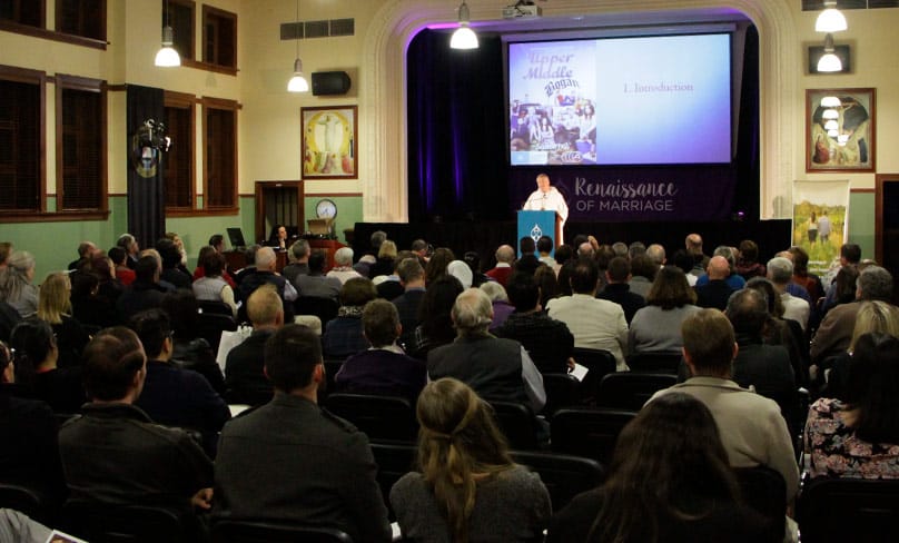 Archbishop Anthony Fisher OP speaks to more than 200 people at the Renaissance of Marriage Conference at the University of Notre Dame Sydney on 26 July. Photo: ROM