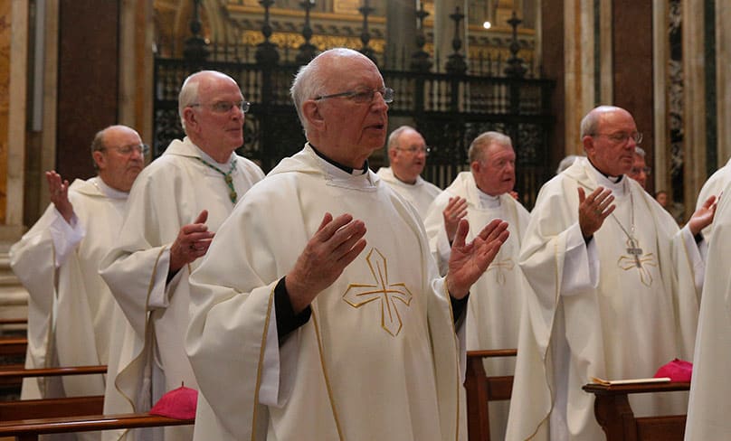 Msgr. Harry Entwistle, left, and Australian bishops concelebrate Mass at the Basilica of St. Mary Major in Rom. Photo: CNS photo/Paul Haring