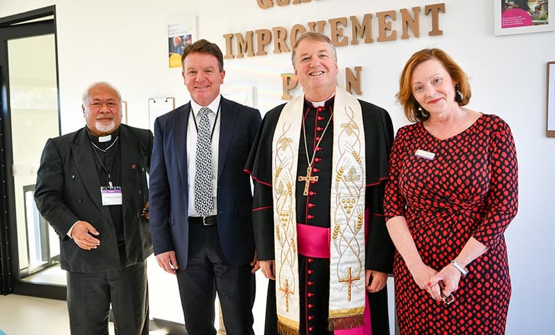 Archbishop Anthony Fisher OP with Parish Priest Rev Paulino Tui Kolio, Tony Farley and SCECS Head Franceyn O’Connor. Photo: Kitty Beale