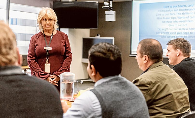 Karen Larkman runs a safeguarding training session in the Archdiocese of Sydney’s Polding Centre with clergy and seminarians. Photo: Giovanni Portelli