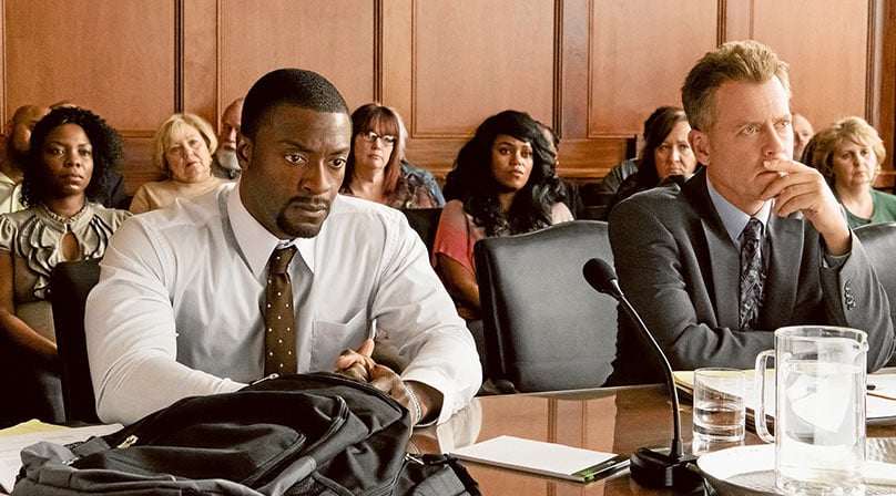 Aldis Hodge and Greg Kinnear star in a scene from Brian Banks. Photo: CNS photo/Bleecker Street