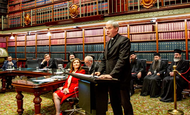 Sydney Auxiliary Bishop Richard Umbers speaks at a forum on Religious Freedom at NSW Parliament House on 20 August. Photo: Marilyn Rodrigues