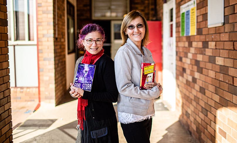 Children’s author Deborah Abela, left, with the teacher who made all the difference Meg Gray who taught Deborah in Year 4. Photo: Alphonsus Fok