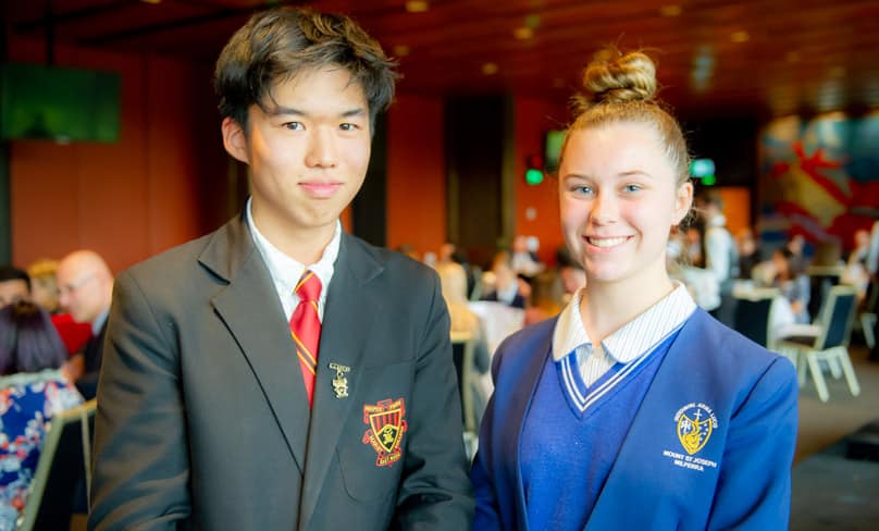 Jake Jeong, 16, a Year 11 student at Marist College North Shore and Emily Borzycki, a Year 10 student at Mount St Joseph’s College at Milperra attended the function held at Parliament House. Photo: Giovanni Portelli