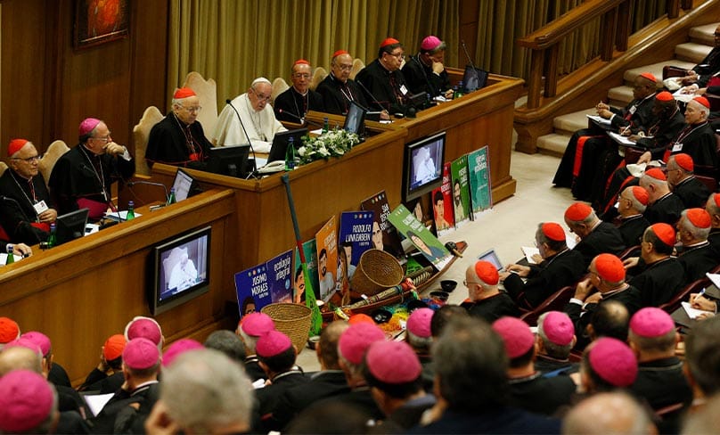 Pope Francis speaks at the start of the first session of the Synod of Bishops for the Amazon at the Vatican. Photo: CNS photo/Paul Haring