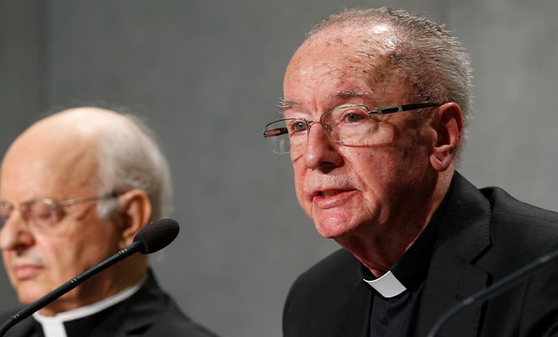 Brazilian Cardinal Claudio Hummes, relator general of the Synod of Bishops on the Amazon, speaks at a news conference to discuss the synod at the Vatican. Photo: CNS photo/Paul Haring