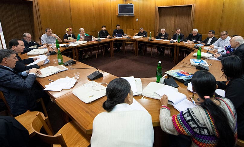 Members, observers and experts at the Synod of Bishops for the Amazon meet in a small working group in the Vatican synod hall. Photo: CNS photo/Vatican Media