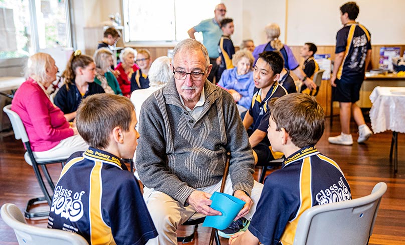 Students from Padstow's St Therese Primary School meet their pen pals from a local nursing home.. Photo: Alphonsus Fok