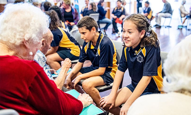 Students from Padstow’s St Therese Primary School have met their pen pals from local nursing home. Photo: Alphonsus Fok