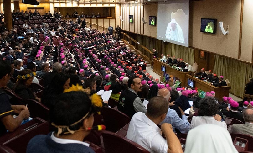 Pope Francis attends a session at the Synod of Bishops for the Amazon at the Vatican. Photo: CNS photo/Vatican Media