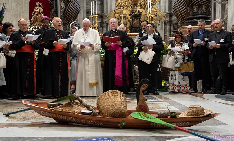 Pope Francis attends a prayer service at the start of the first session Synod of Bishops for the Amazon at the Vatican on 7 October. Photo: CNS photo/Vatican Media
