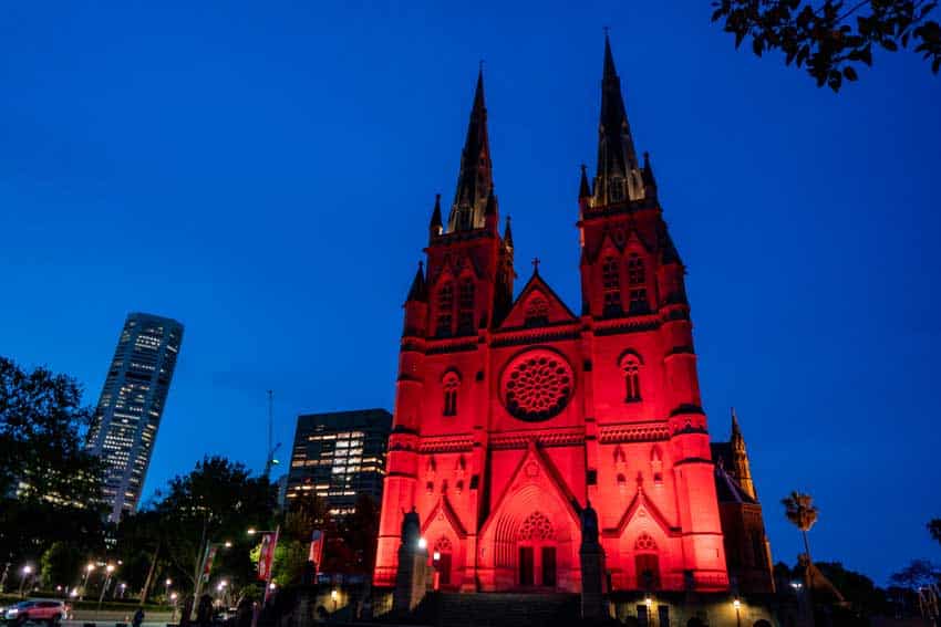 St Mary's Cathedral bathed in red for Red Wednesday raising awareness of the persecution of Christians worldwide. PHOTO: Patrick J Lee