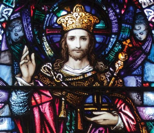 Stained glass window of Christ the King in St. Joseph's Church, Toomyvara, County Tipperary, Ireland. Photo: Andreas F. Borchert, CC BY-SA 3.0 DE