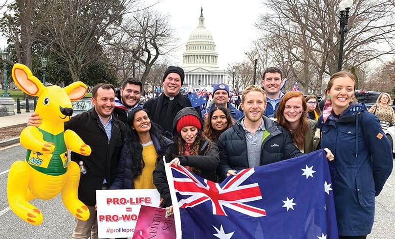 Aussie youth and Bishop Richard Umbers participate in the March for Life.