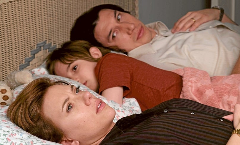 Scarlett Johansson, Azhy Robertson and Adam Driver star in a scene from the movie “Marriage Story.” PHOTO: CNS/Netflix) 