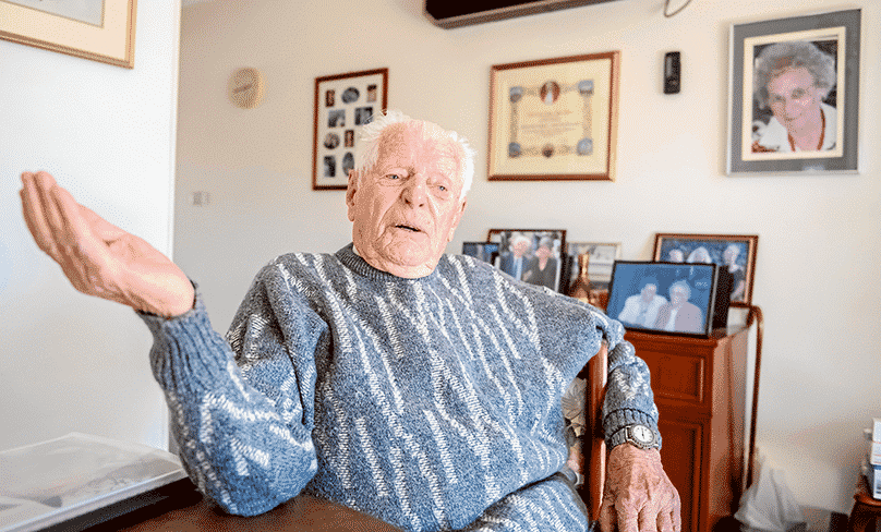 Dennis Davis, now 100, gestures during an interview with The Catholic Weekly. Photo: Giovanni Portelli