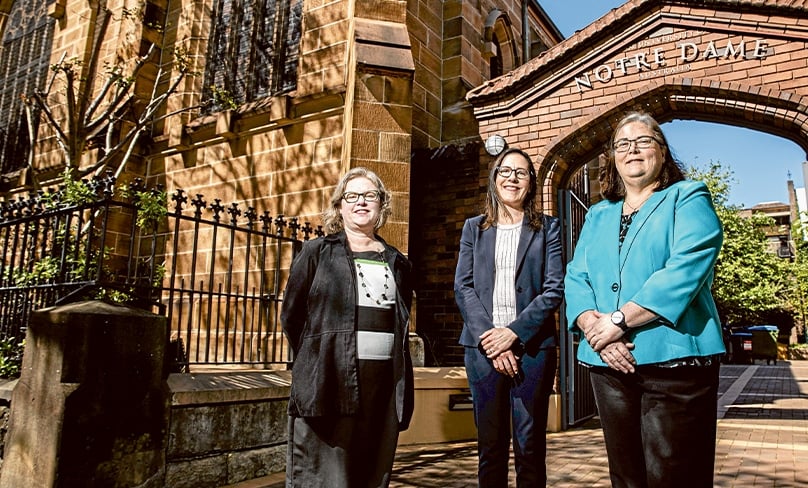 Dr Renée Köhler-Ryan, Dean of the Notre Dame Sydney School of Philosophy and Theology, at left, Cate Thill, Dean of the School of Arts and Sciences and Catherine Whelan, national Dean of the School of Business. Photo: Alphonsus Fok