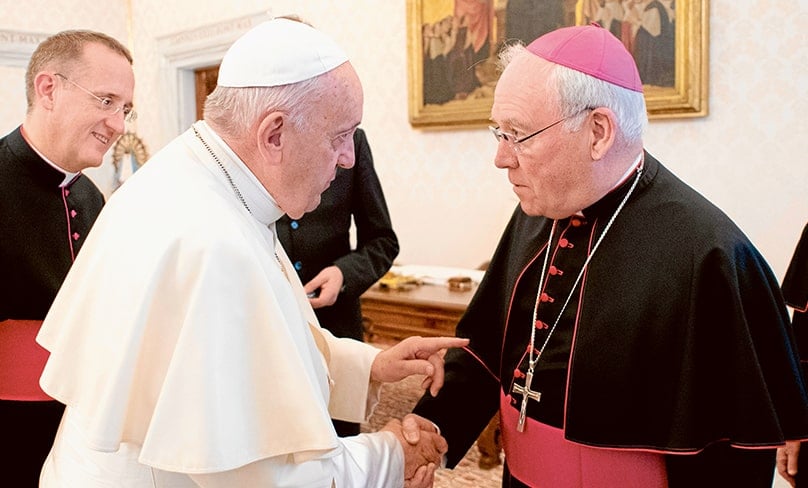 Pope Francis greets Bishop Richard Malone in 2019. Photo: CNS/VATICAN MEDIA
