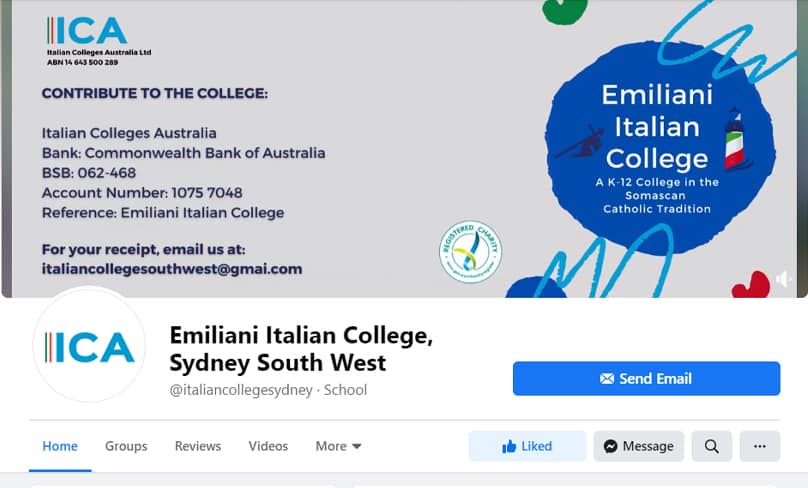 A screenshot of the Emiliani Italian School Facebook Page.