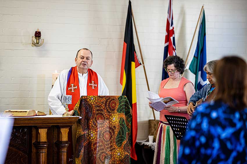 Fr Darryl Mackie, Chaplain of the Aboriginal Catholic Ministry, speaks at the Reconciliation Church in La Perouse. PHOTOS: ALPHONSUS FOK