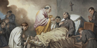 St. Paul of the Cross, founder of the Passionist Fathers, is seen receiving the Last Rites on his deathbed in this artwork provided by the order. Image: CNS photo/courtesy Passionist Fathers