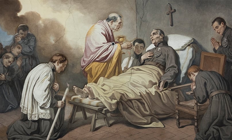 St. Paul of the Cross, founder of the Passionist Fathers, is seen receiving the Last Rites on his deathbed in this artwork provided by the order. Image: CNS photo/courtesy Passionist Fathers