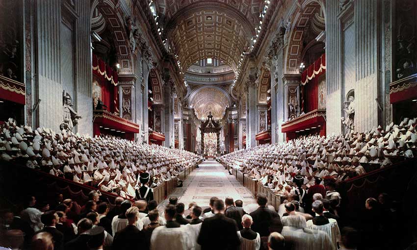 The opening session of the Second Vatican Council takes place in St Peter's Basilica at the Vatican on 11 October, 1962. Fr Ranson says it would have been better to hold a more open-ended national Synod, and to follow that with a Plenary Council. Photo: CNS, Giancarlo Giuliani, Catholic Press Photo